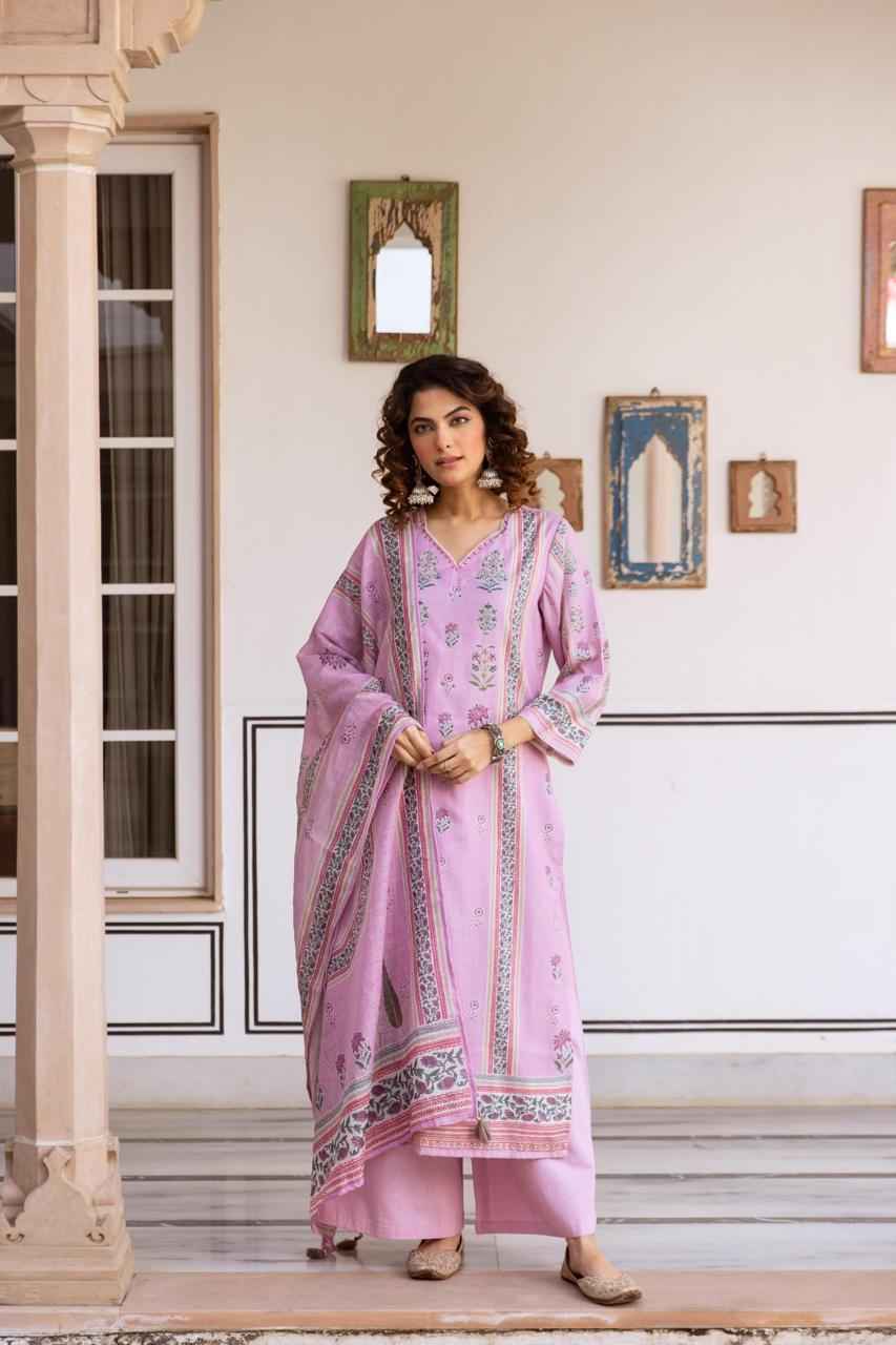 Pure Pink Linen Three Piece Dupatta Set With Lining LN004