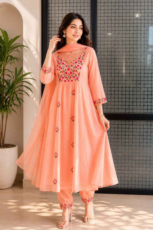 Mul Chanderi with inner dupatta set with embroidery MLC14