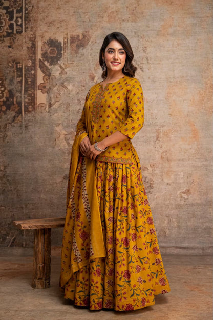 Short Length Dupatta Set With Skirt In Cotton Fabric CS0343