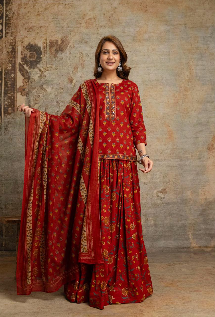 Short Length Dupatta Set With Skirt In Cotton Fabric CS0343
