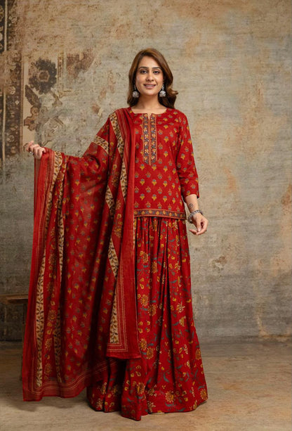 Short Length Dupatta Set With Skirt In Cotton Fabric CS0343