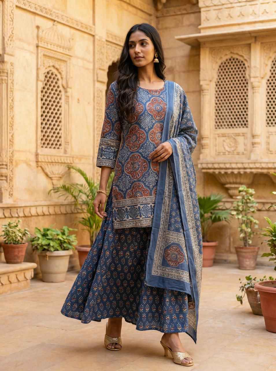 Premium Cotton Ajrakh Print Dupatta Set with Divider