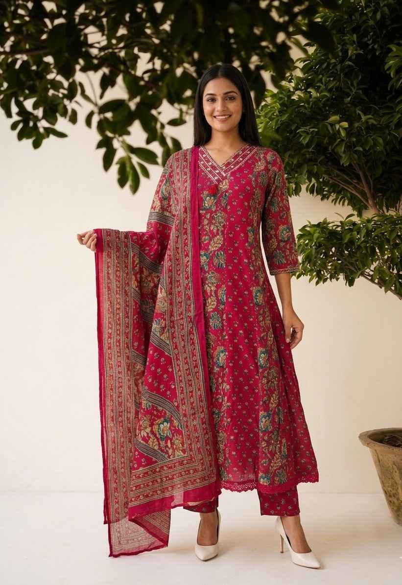 Premium Cotton A Line Anarkali Dupatta Set