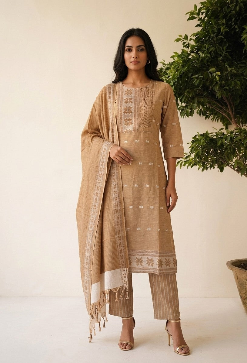 Premium hand Loom Cotton Three Piece Dupatta Set