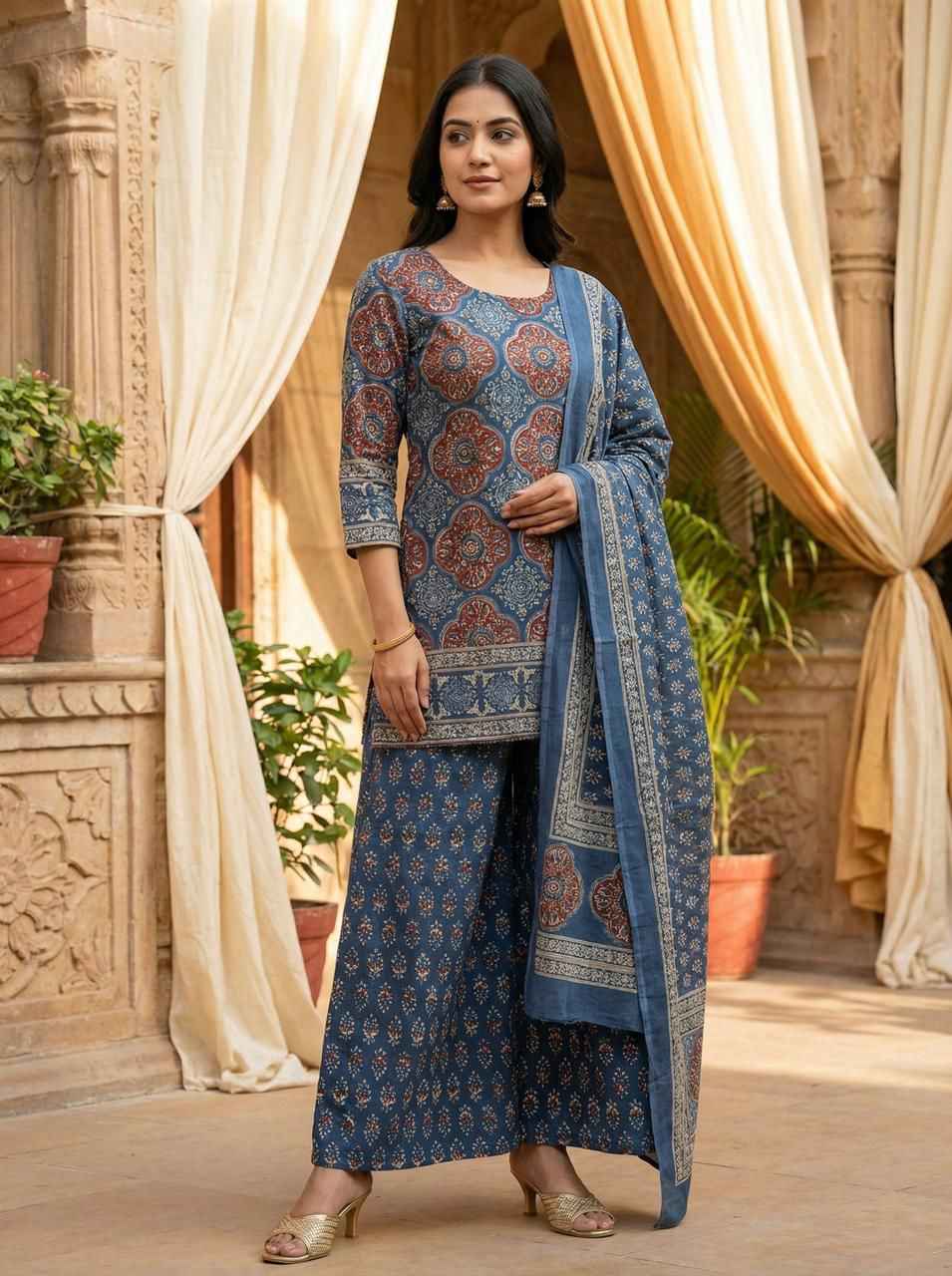 Premium Cotton Ajrakh Print Dupatta Set with Divider