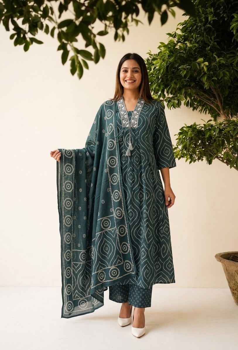 Premium Cotton A Line Anarkali Dupatta Set