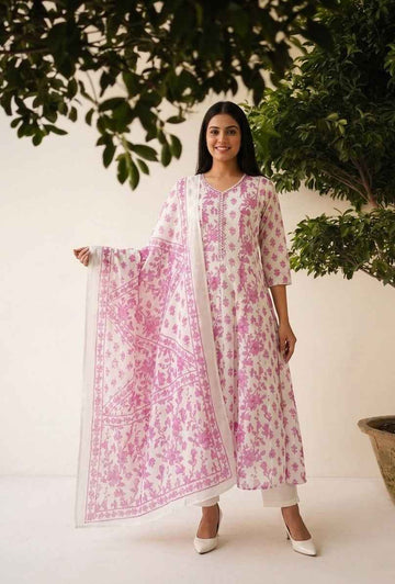 Premium Cotton A Line Anarkali Dupatta Set