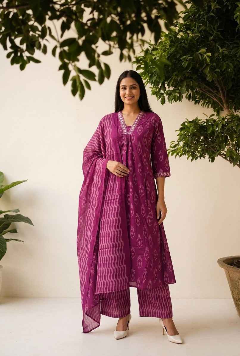 Premium Cotton A Line Anarkali Dupatta Set