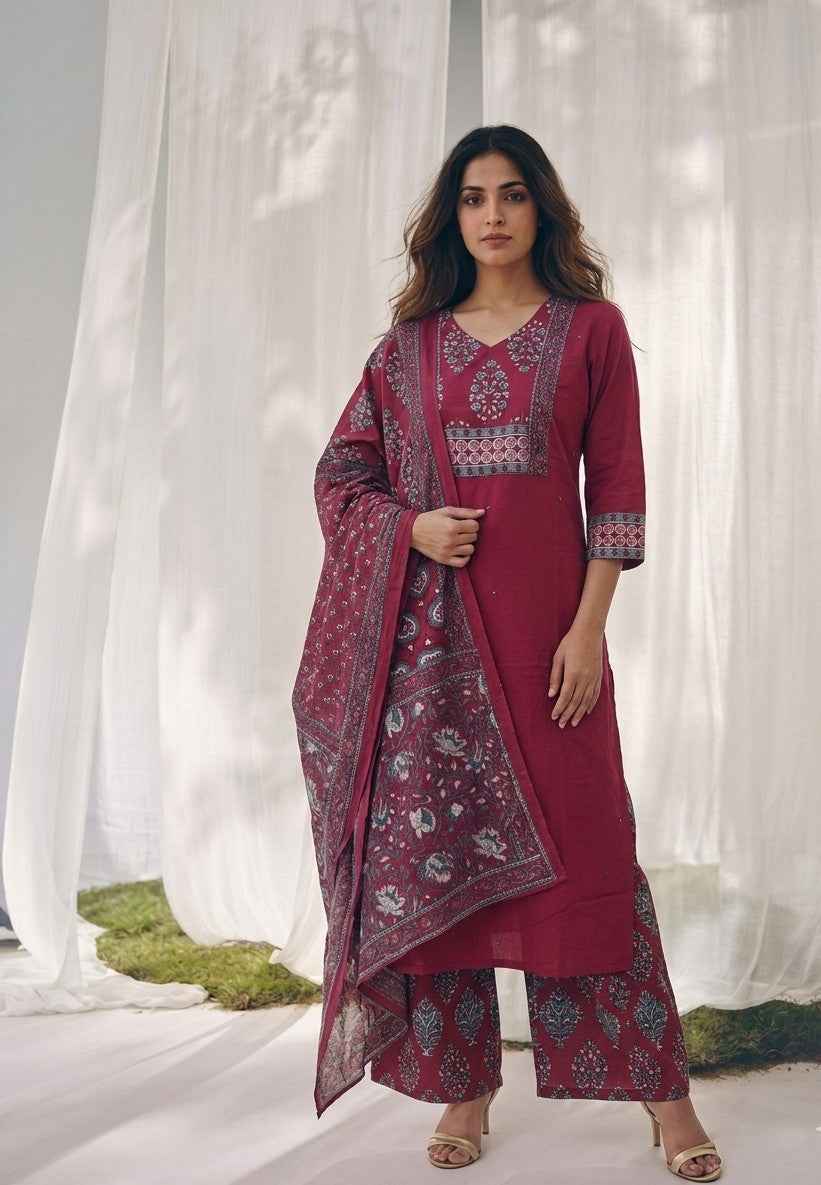 Pure Cotton Three Piece Dupatta Set