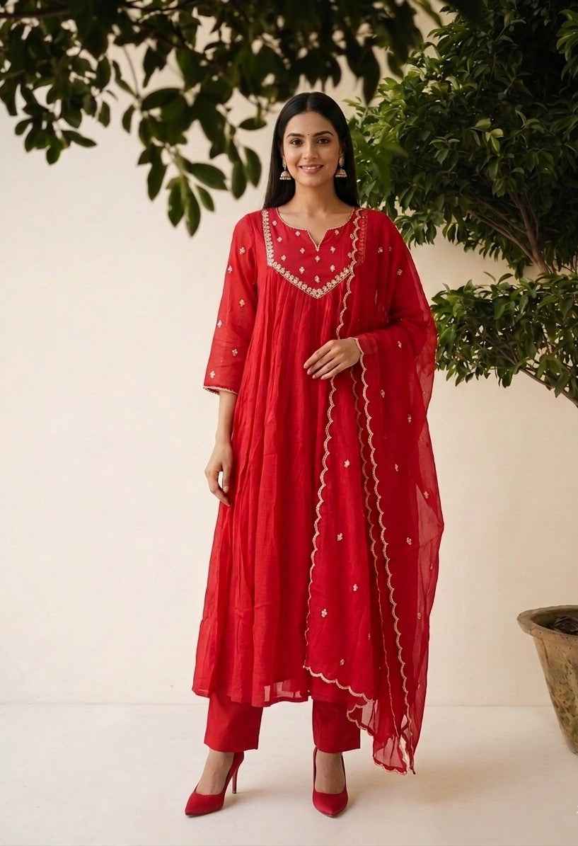 Premium Cotton A Line Anarkali Dupatta Set