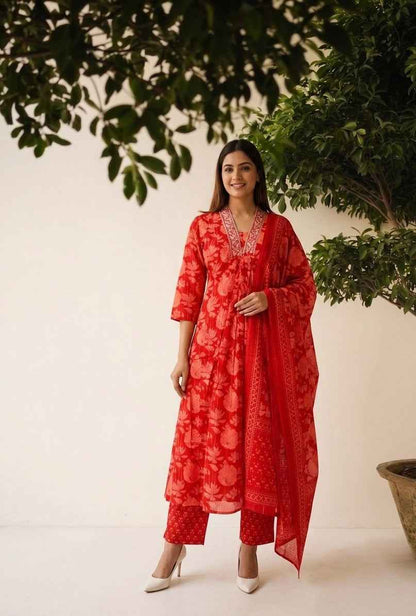 Premium Cotton A Line Anarkali Dupatta Set